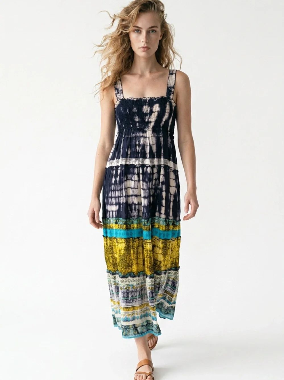 CHAUDRY KC | NEW Bohemian Tie-Dye Maxi Dress Blues & Yellow Women’s Size Medium